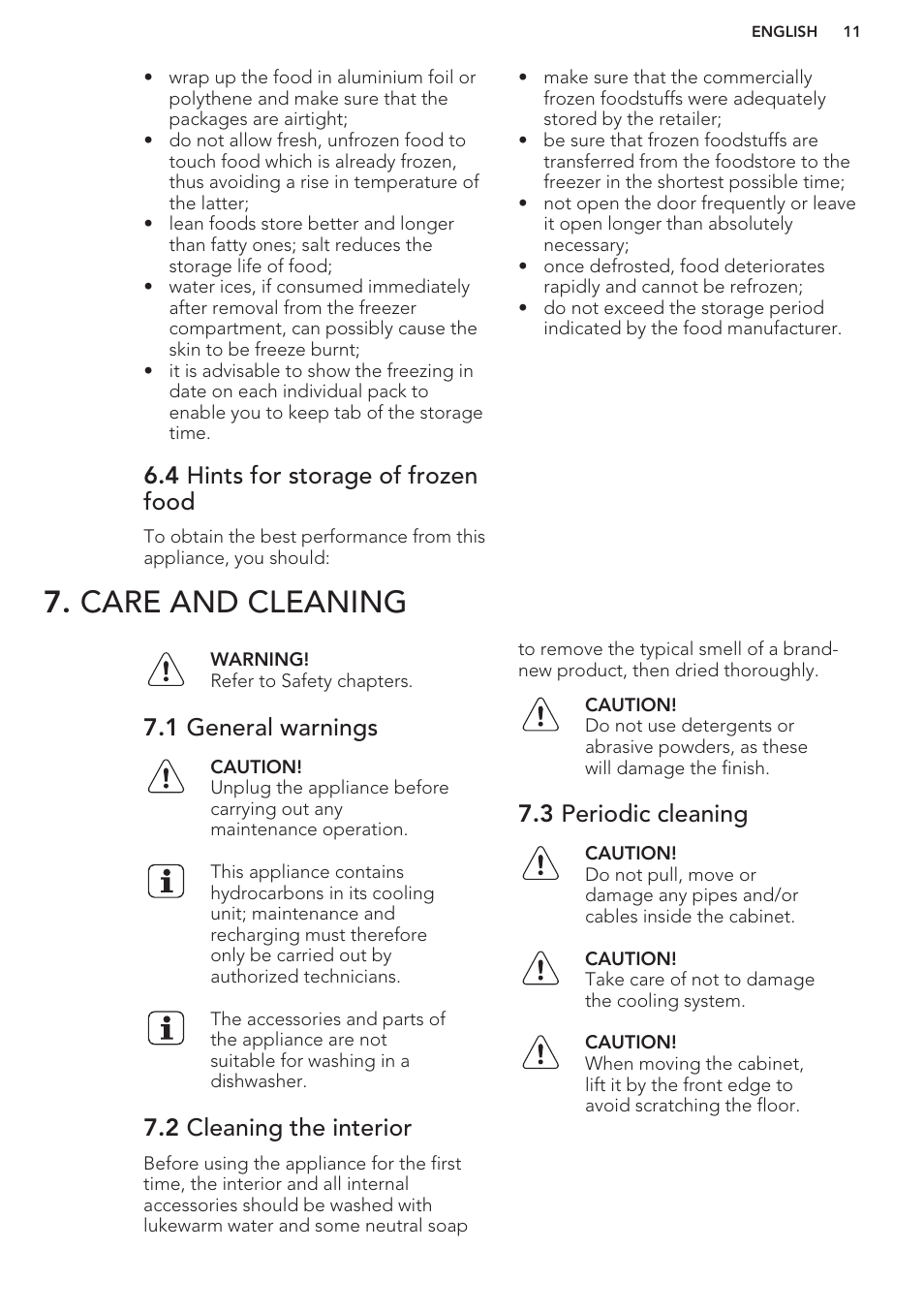 4 hints for storage of frozen food, Care and cleaning, 1 general warnings | 2 cleaning the interior, 3 periodic cleaning | AEG A82700GNW0 User Manual | Page 11 / 52