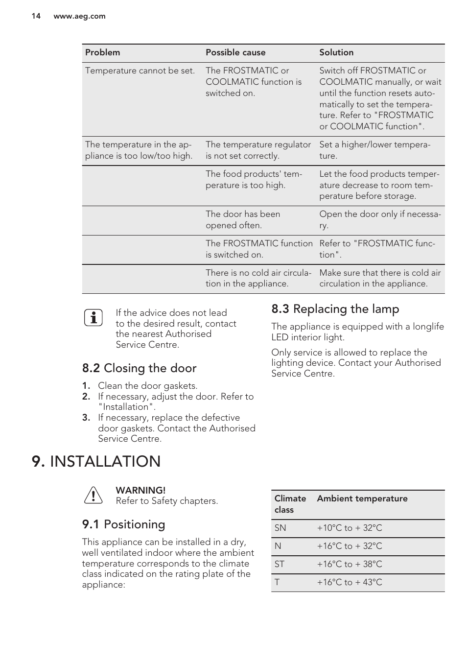 2 closing the door, 3 replacing the lamp, Installation | 1 positioning | AEG A82700GNW0 User Manual | Page 14 / 52
