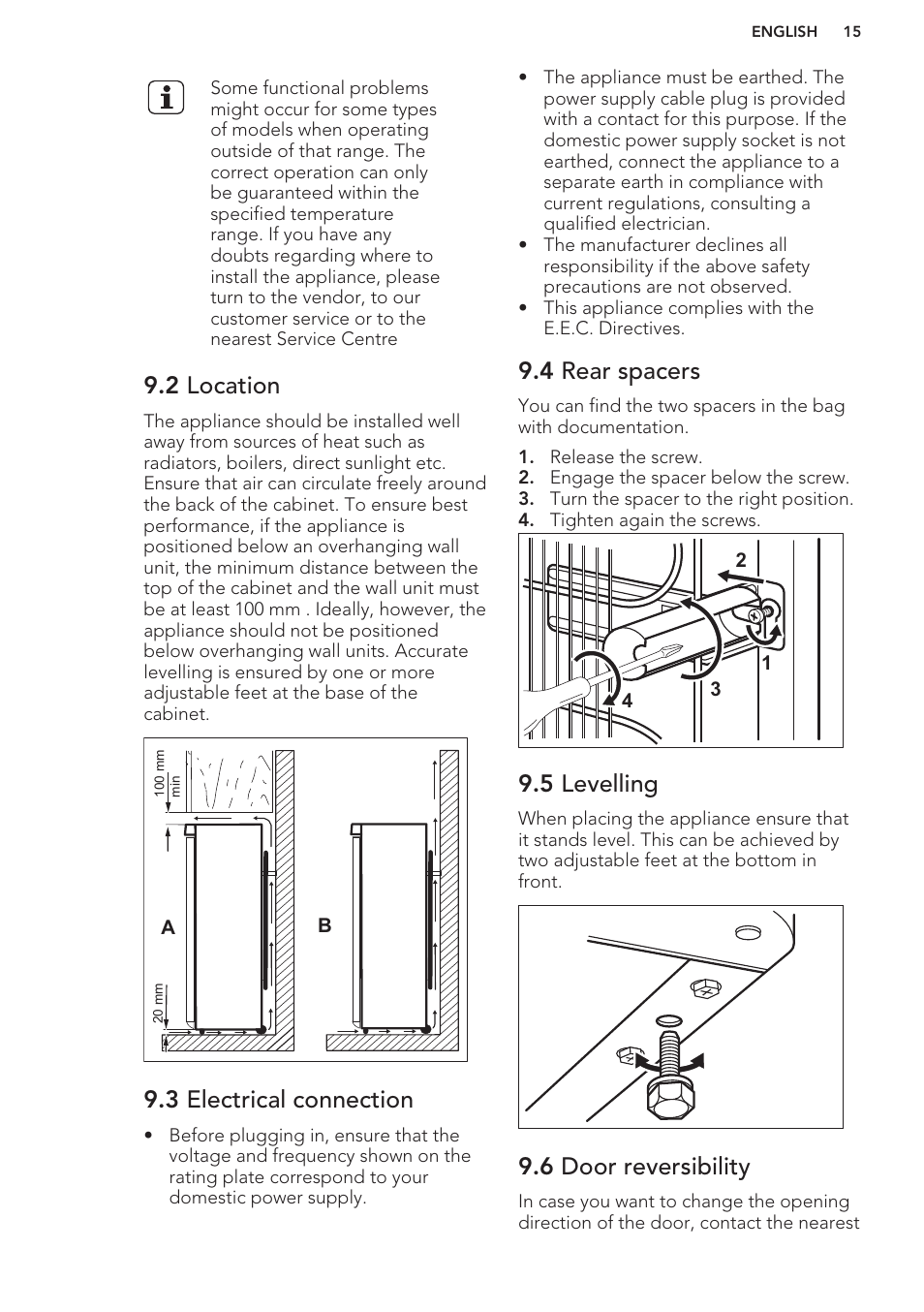 2 location, 3 electrical connection, 4 rear spacers | 5 levelling, 6 door reversibility | AEG A82700GNW0 User Manual | Page 15 / 52