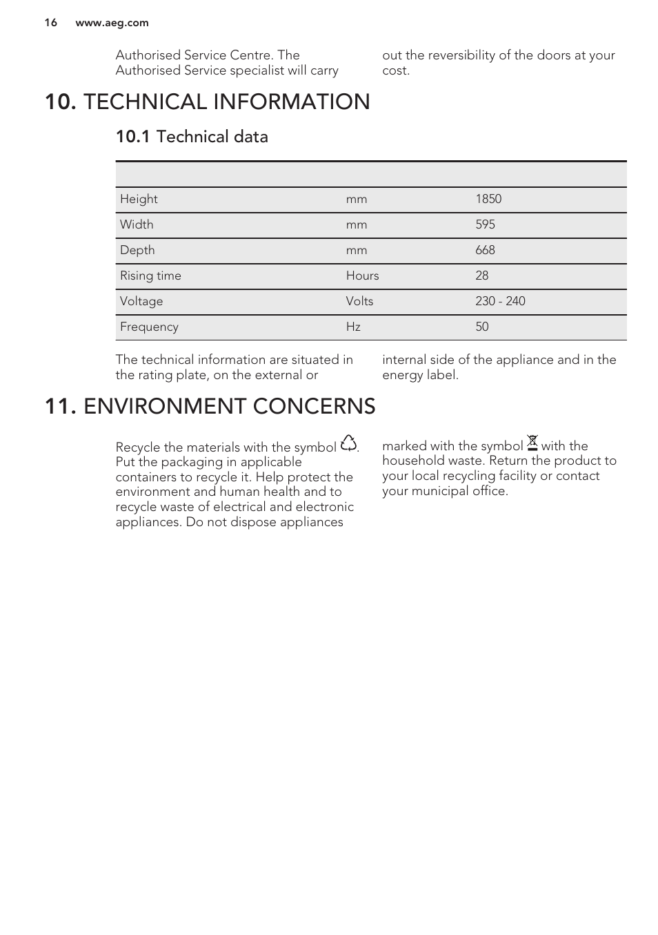 Technical information, 1 technical data, Environment concerns | AEG A82700GNW0 User Manual | Page 16 / 52