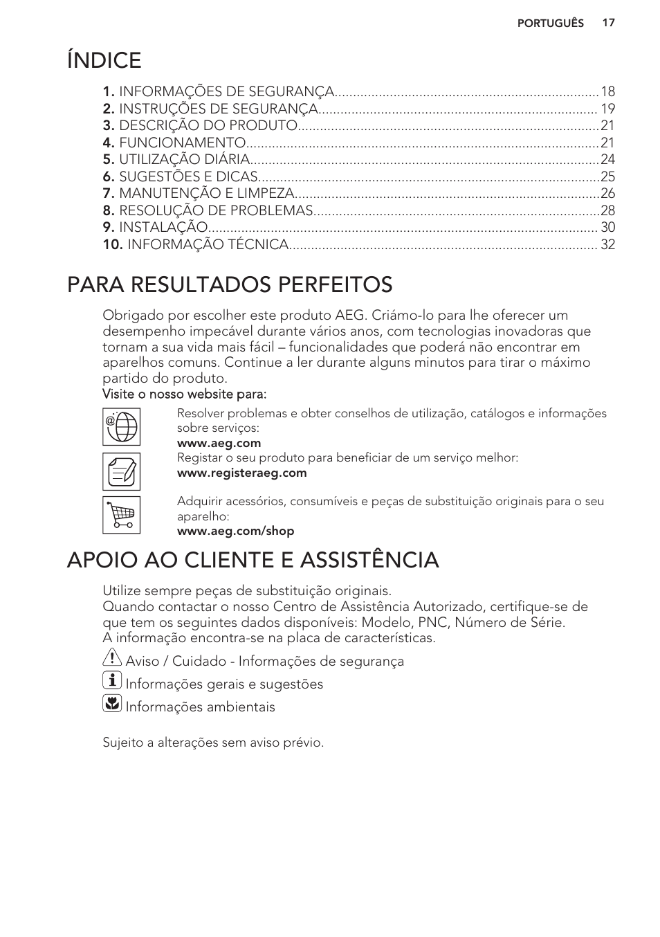 Índice, Manual de instruções, Para resultados perfeitos | Apoio ao cliente e assistência | AEG A82700GNW0 User Manual | Page 17 / 52