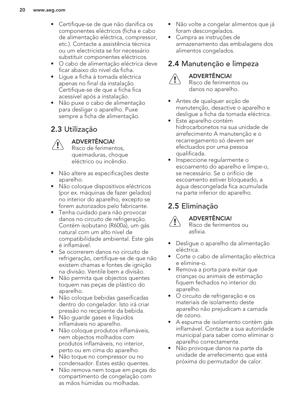 3 utilização, 4 manutenção e limpeza, 5 eliminação | AEG A82700GNW0 User Manual | Page 20 / 52