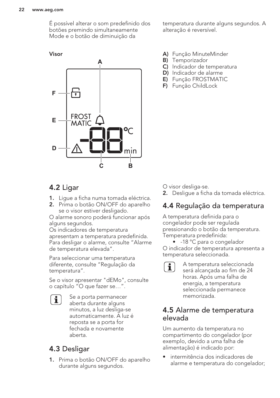 2 ligar, 3 desligar, 4 regulação da temperatura | 5 alarme de temperatura elevada | AEG A82700GNW0 User Manual | Page 22 / 52