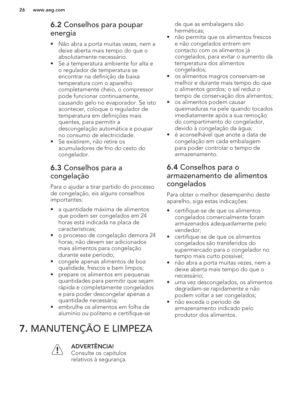 2 conselhos para poupar energia, 3 conselhos para a congelação, Manutenção e limpeza | AEG A82700GNW0 User Manual | Page 26 / 52