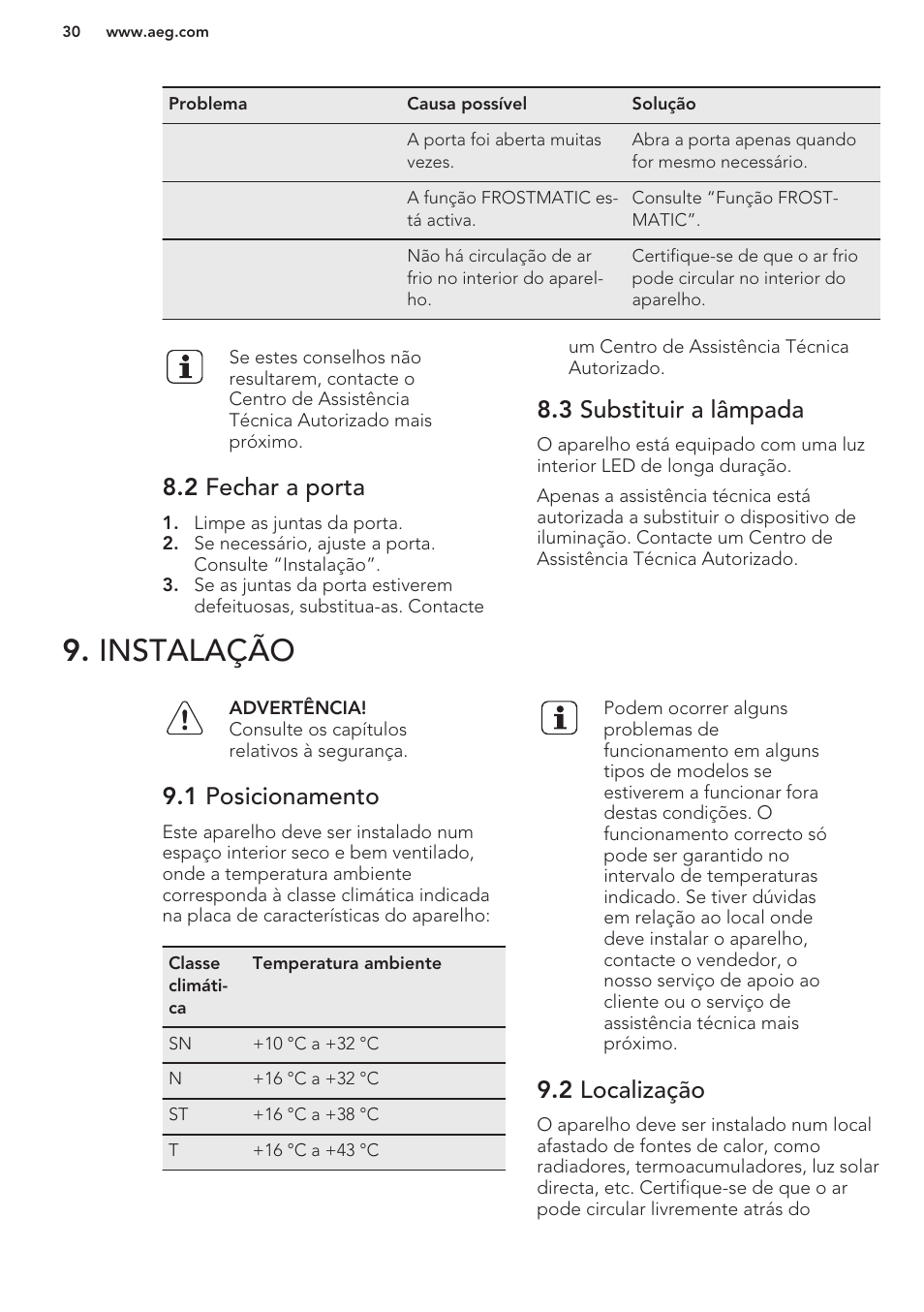 2 fechar a porta, 3 substituir a lâmpada, Instalação | 1 posicionamento, 2 localização | AEG A82700GNW0 User Manual | Page 30 / 52