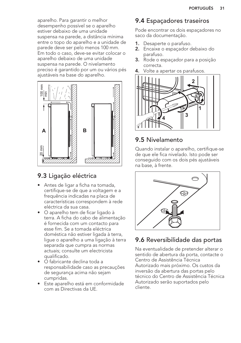 3 ligação eléctrica, 4 espaçadores traseiros, 5 nivelamento | 6 reversibilidade das portas | AEG A82700GNW0 User Manual | Page 31 / 52