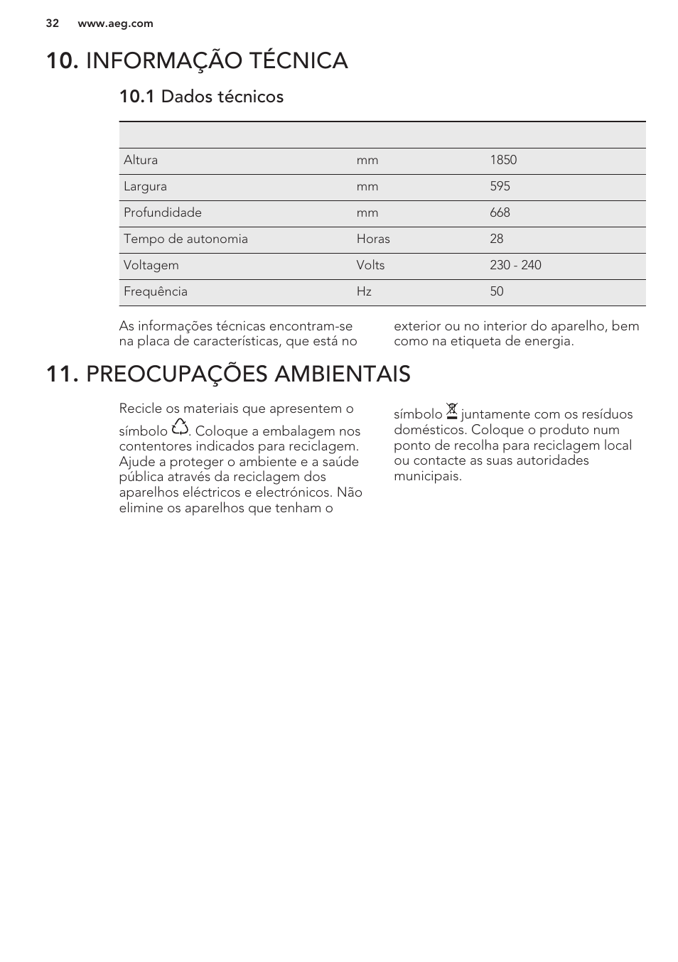 Informação técnica, 1 dados técnicos, Preocupações ambientais | AEG A82700GNW0 User Manual | Page 32 / 52