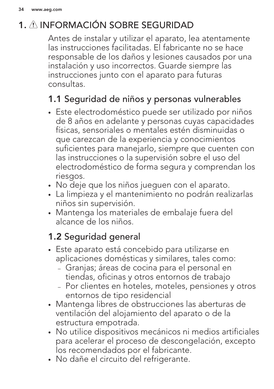 Información sobre seguridad, 1 seguridad de niños y personas vulnerables, 2 seguridad general | AEG A82700GNW0 User Manual | Page 34 / 52