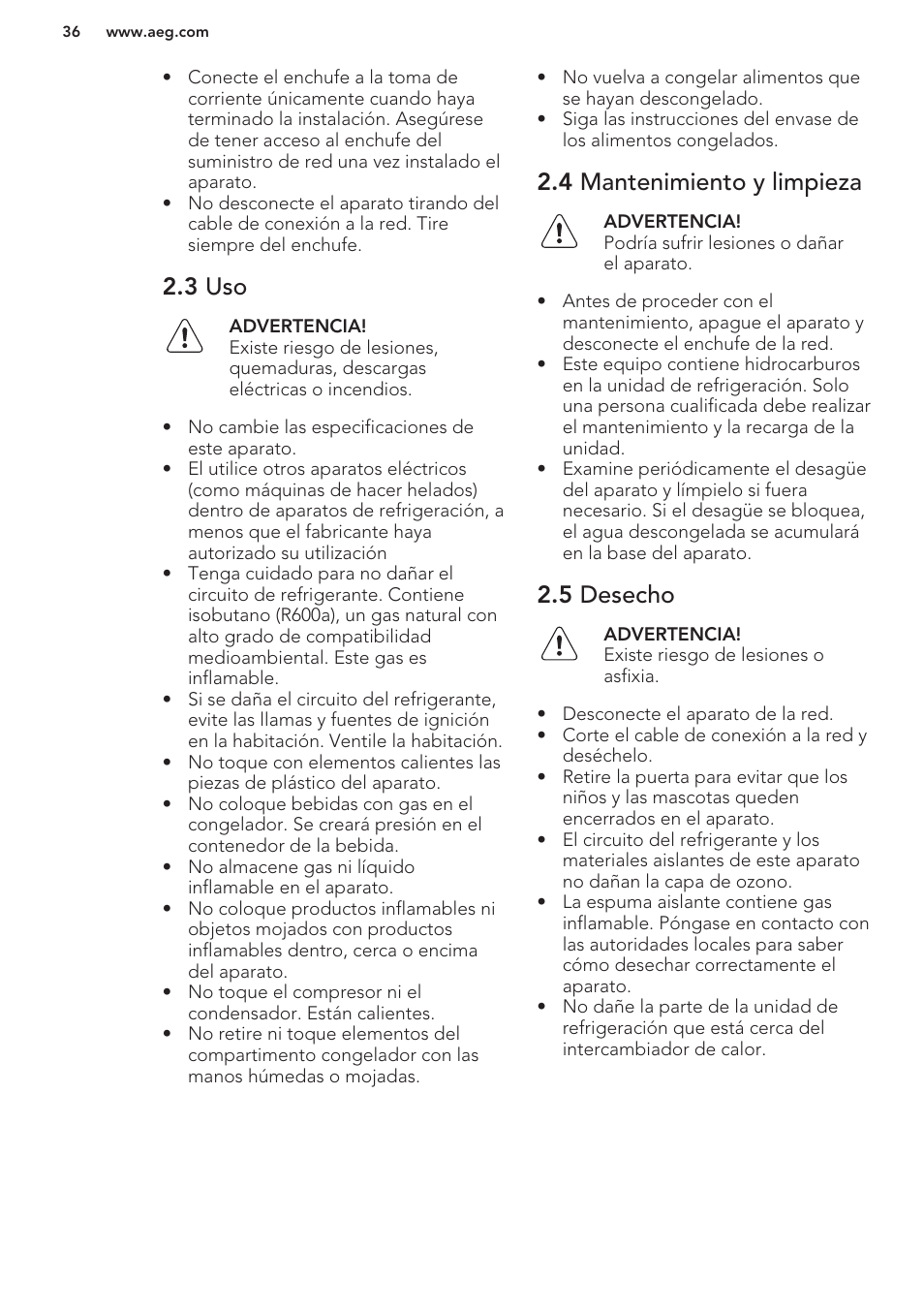 3 uso, 4 mantenimiento y limpieza, 5 desecho | AEG A82700GNW0 User Manual | Page 36 / 52