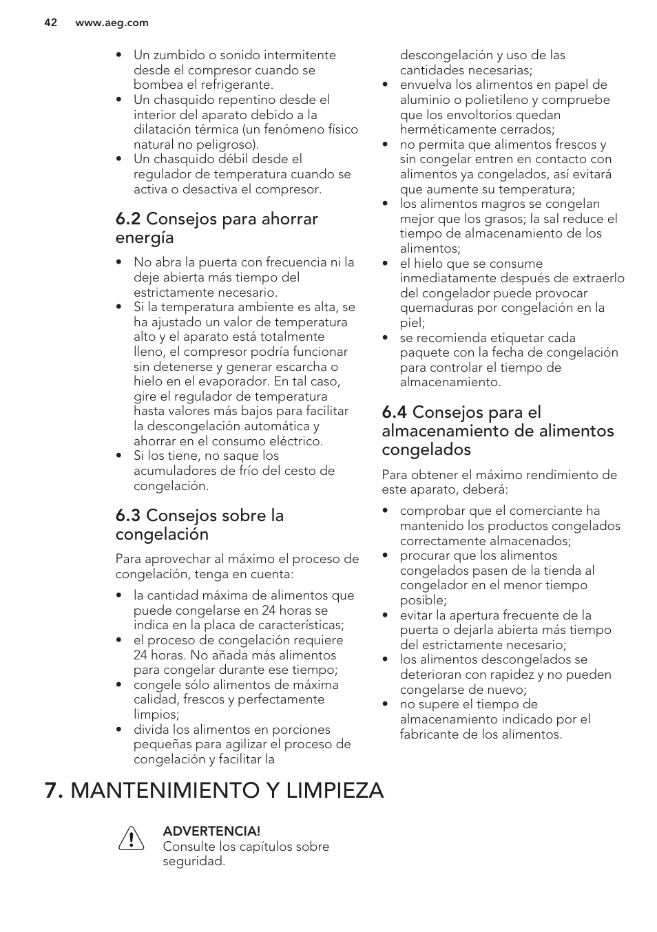 2 consejos para ahorrar energía, 3 consejos sobre la congelación, Mantenimiento y limpieza | AEG A82700GNW0 User Manual | Page 42 / 52