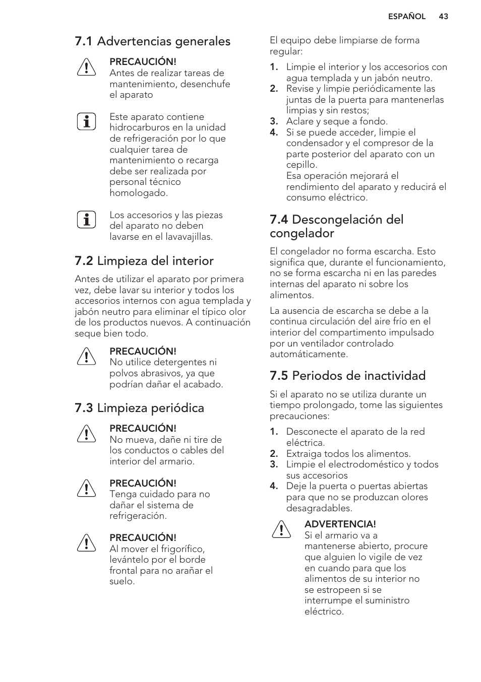 1 advertencias generales, 2 limpieza del interior, 3 limpieza periódica | 4 descongelación del congelador, 5 periodos de inactividad | AEG A82700GNW0 User Manual | Page 43 / 52