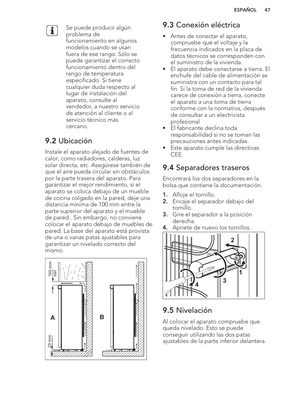 2 ubicación, 3 conexión eléctrica, 4 separadores traseros | 5 nivelación | AEG A82700GNW0 User Manual | Page 47 / 52