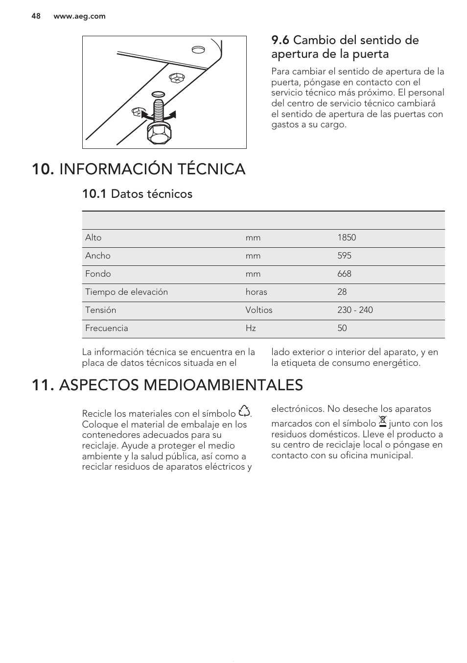 6 cambio del sentido de apertura de la puerta, Información técnica, 1 datos técnicos | Aspectos medioambientales | AEG A82700GNW0 User Manual | Page 48 / 52