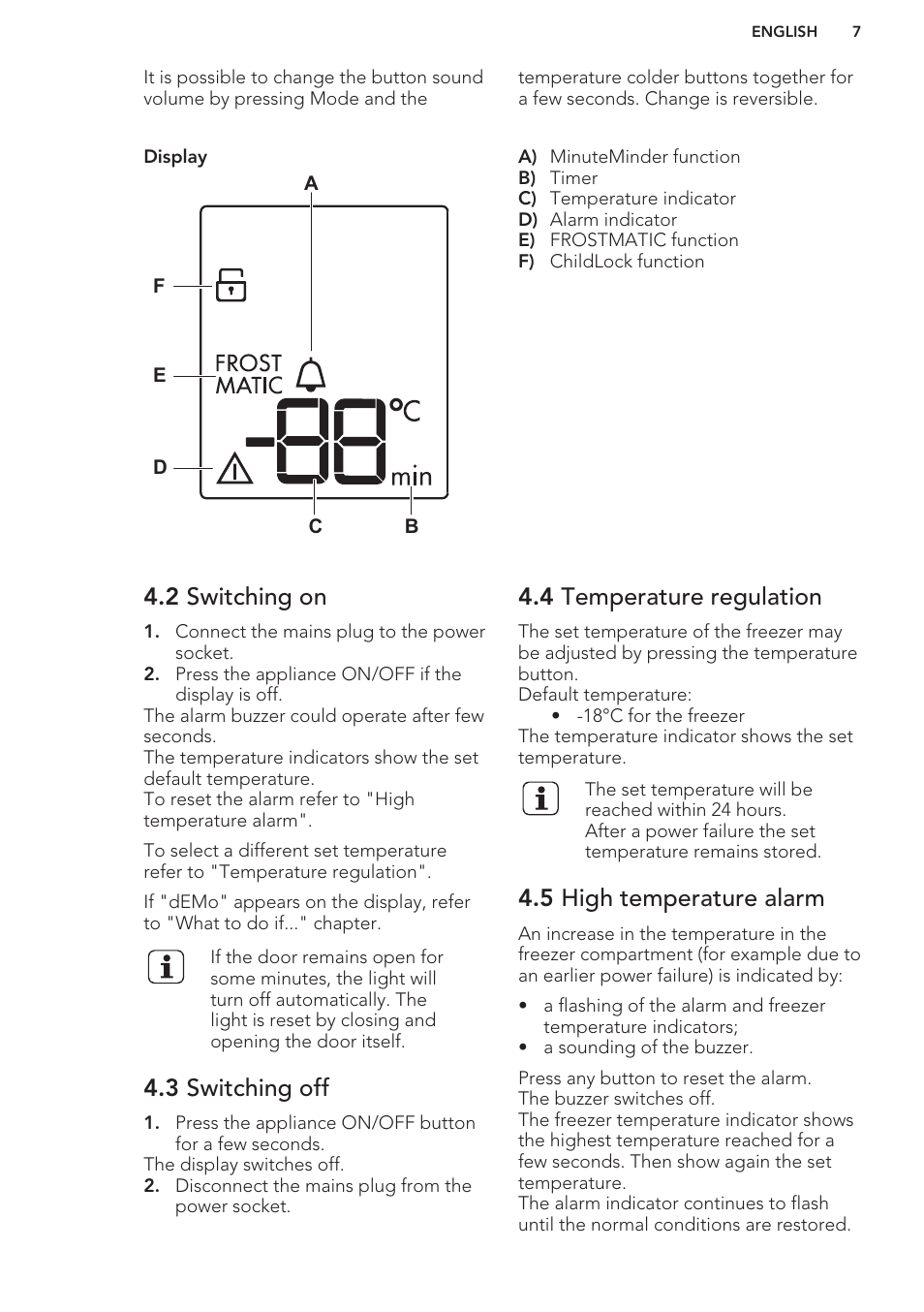 2 switching on, 3 switching off, 4 temperature regulation | 5 high temperature alarm | AEG A82700GNW0 User Manual | Page 7 / 52
