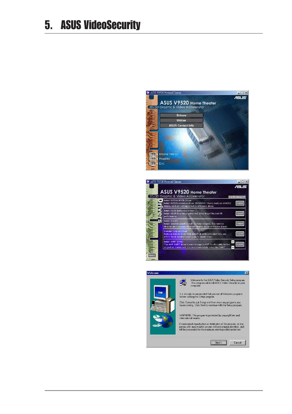 Asus videosecurity, 1 install videosecurity | Asus V9520 User Manual | Page 21 / 48