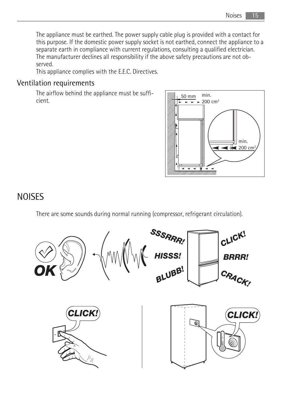 Noises, Click, Ventilation requirements | AEG SWD81800L1 User Manual | Page 15 / 84