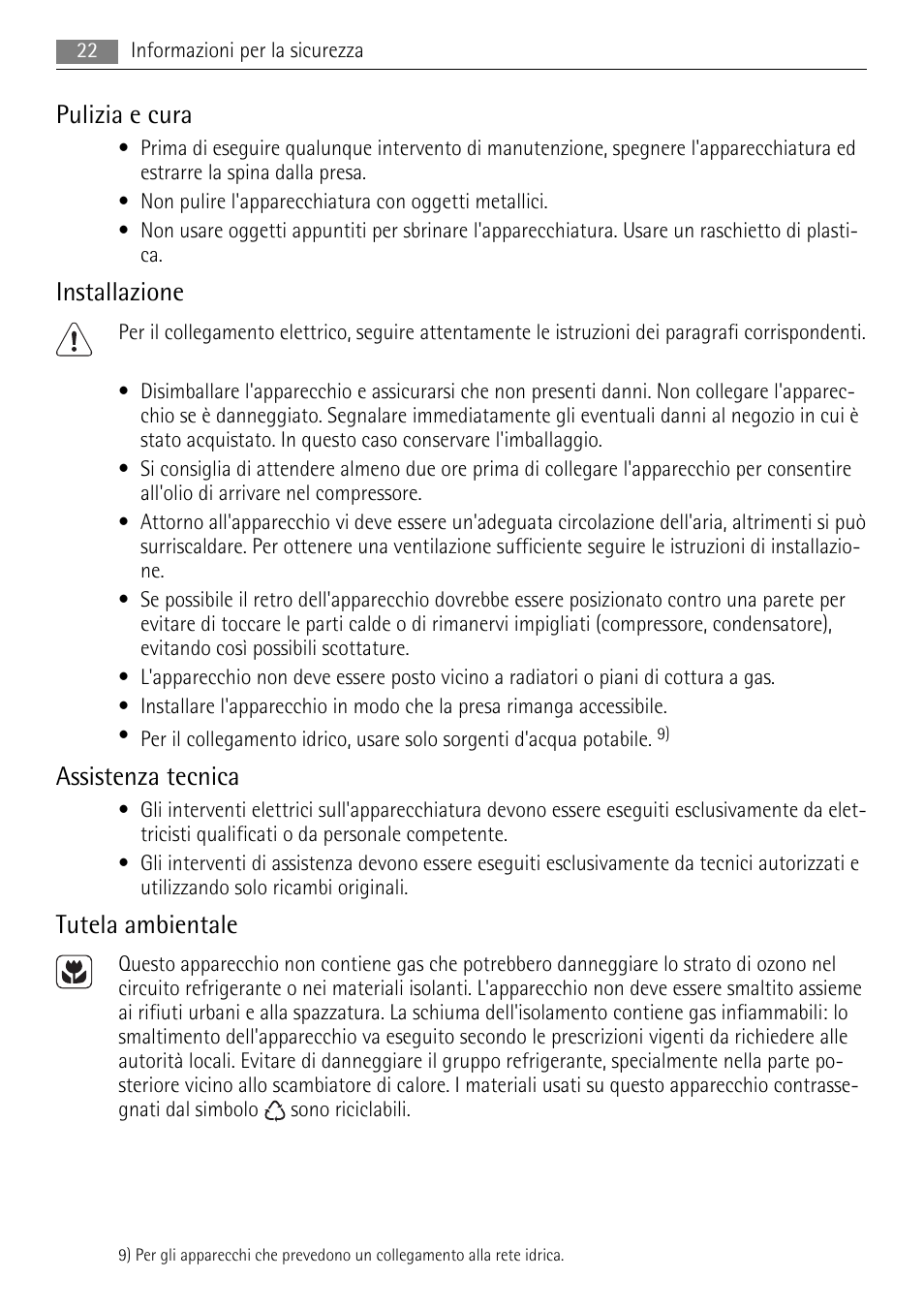 Pulizia e cura, Installazione, Assistenza tecnica | Tutela ambientale | AEG SWD81800L1 User Manual | Page 22 / 84