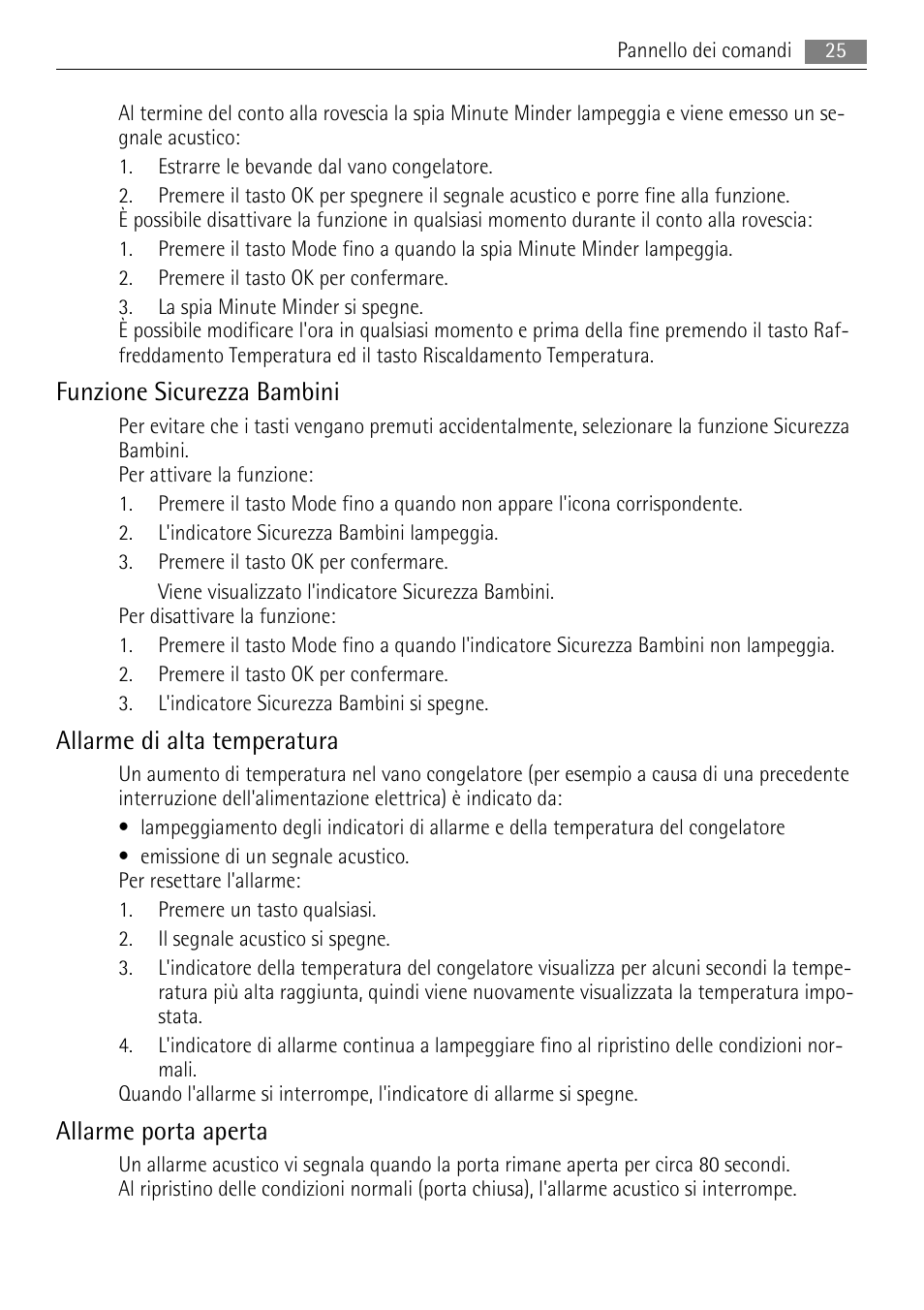 Funzione sicurezza bambini, Allarme di alta temperatura, Allarme porta aperta | AEG SWD81800L1 User Manual | Page 25 / 84