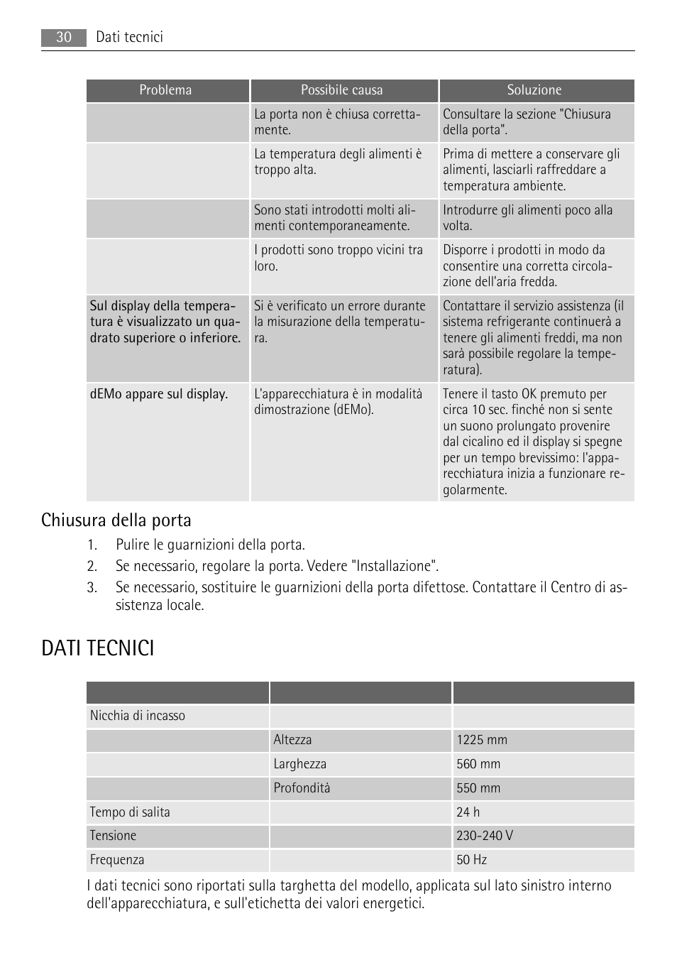 Dati tecnici, Chiusura della porta | AEG SWD81800L1 User Manual | Page 30 / 84