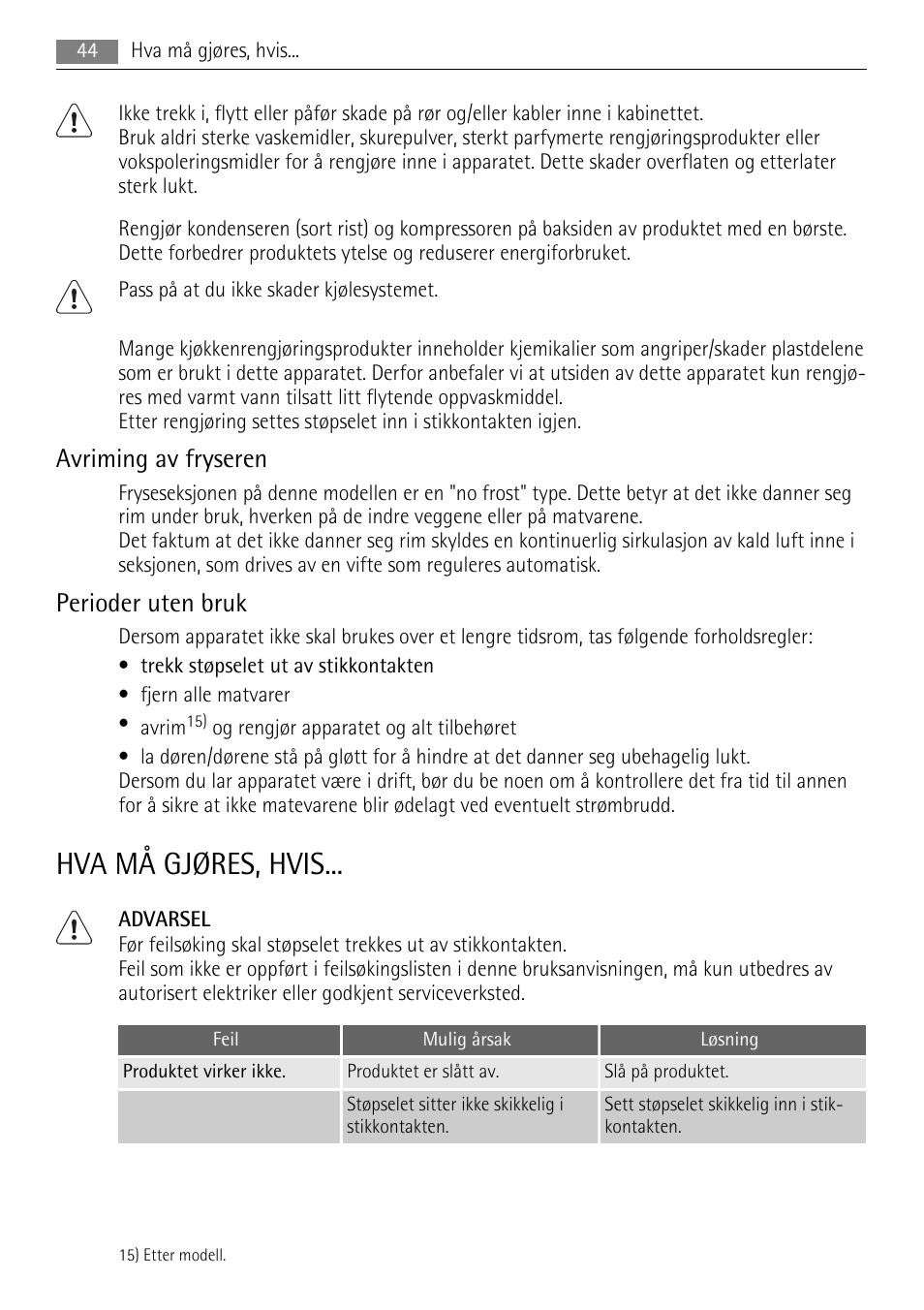 Hva må gjøres, hvis, Avriming av fryseren, Perioder uten bruk | AEG SWD81800L1 User Manual | Page 44 / 84