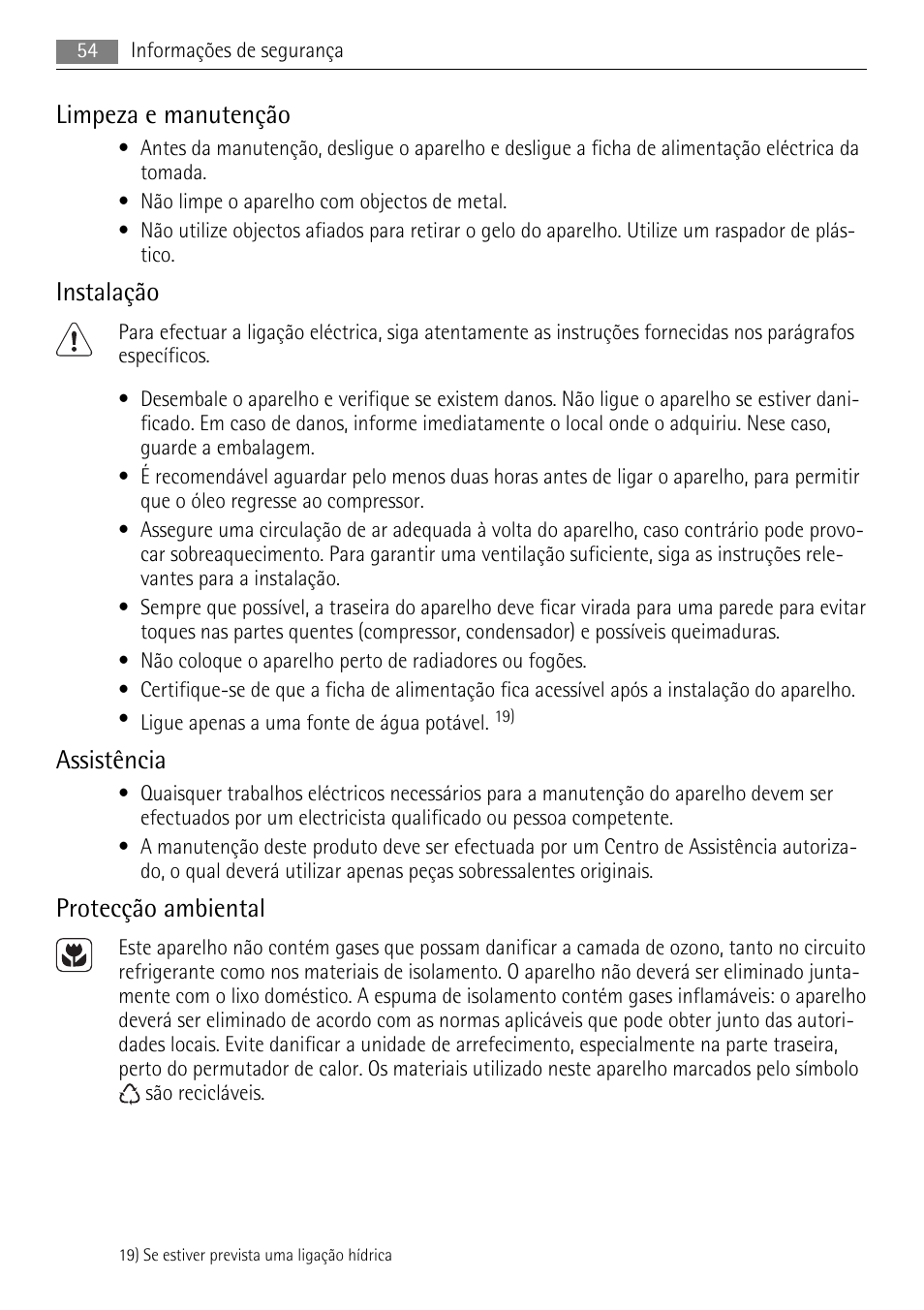 Limpeza e manutenção, Instalação, Assistência | Protecção ambiental | AEG SWD81800L1 User Manual | Page 54 / 84