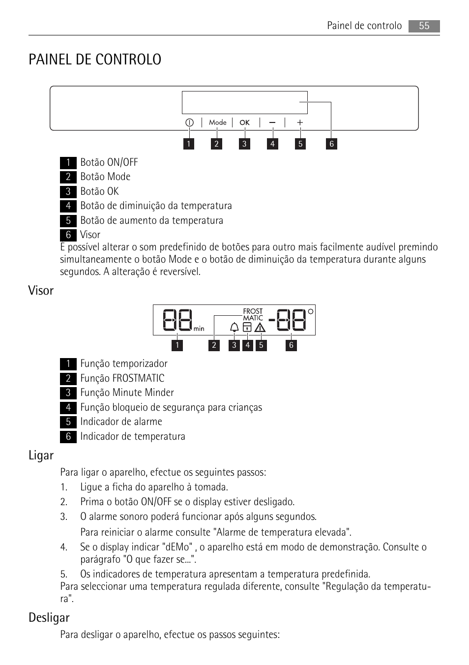 Painel de controlo, Visor, Ligar | Desligar | AEG SWD81800L1 User Manual | Page 55 / 84