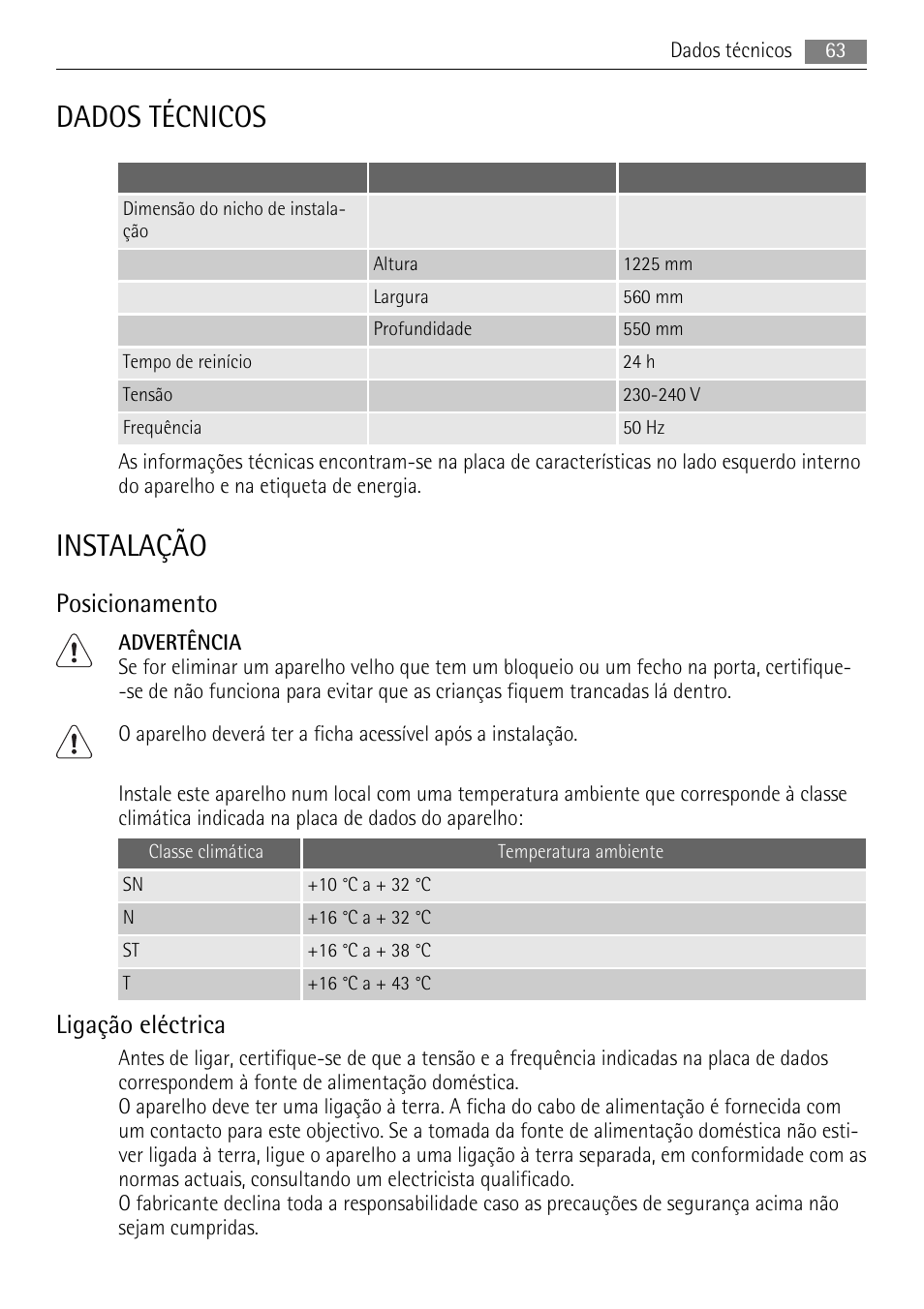 Dados técnicos, Instalação, Posicionamento | Ligação eléctrica | AEG SWD81800L1 User Manual | Page 63 / 84