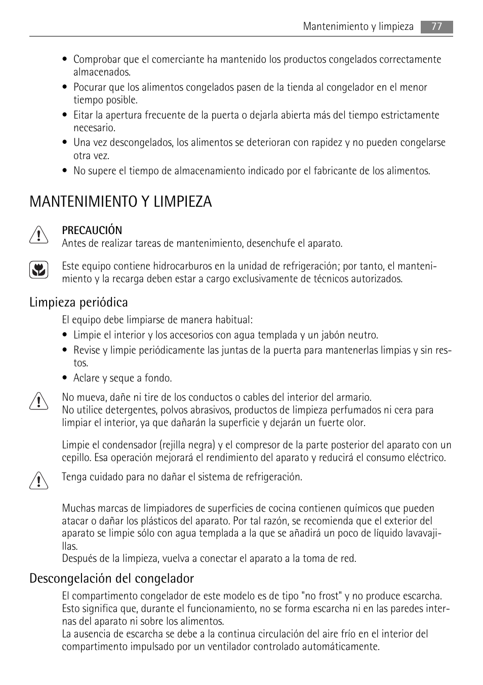 Mantenimiento y limpieza, Limpieza periódica, Descongelación del congelador | AEG SWD81800L1 User Manual | Page 77 / 84