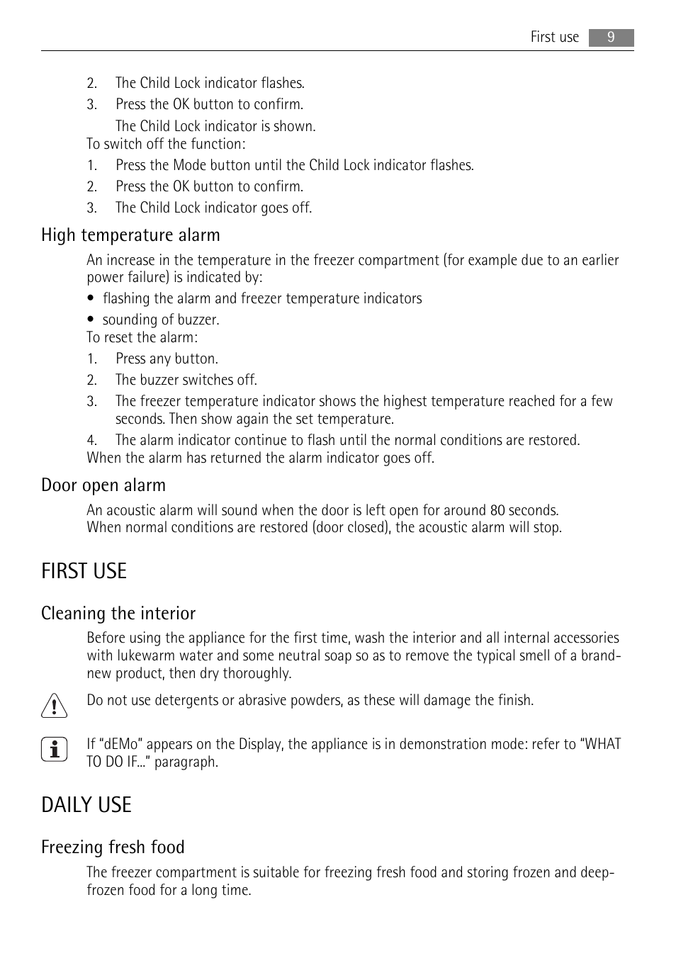 First use, Daily use, High temperature alarm | Door open alarm, Cleaning the interior, Freezing fresh food | AEG SWD81800L1 User Manual | Page 9 / 84