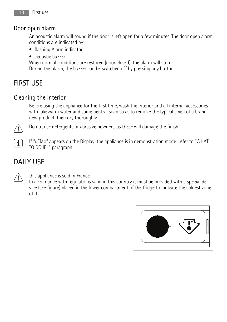 First use, Daily use, Door open alarm | Cleaning the interior | AEG AGS77200F0 User Manual | Page 10 / 76