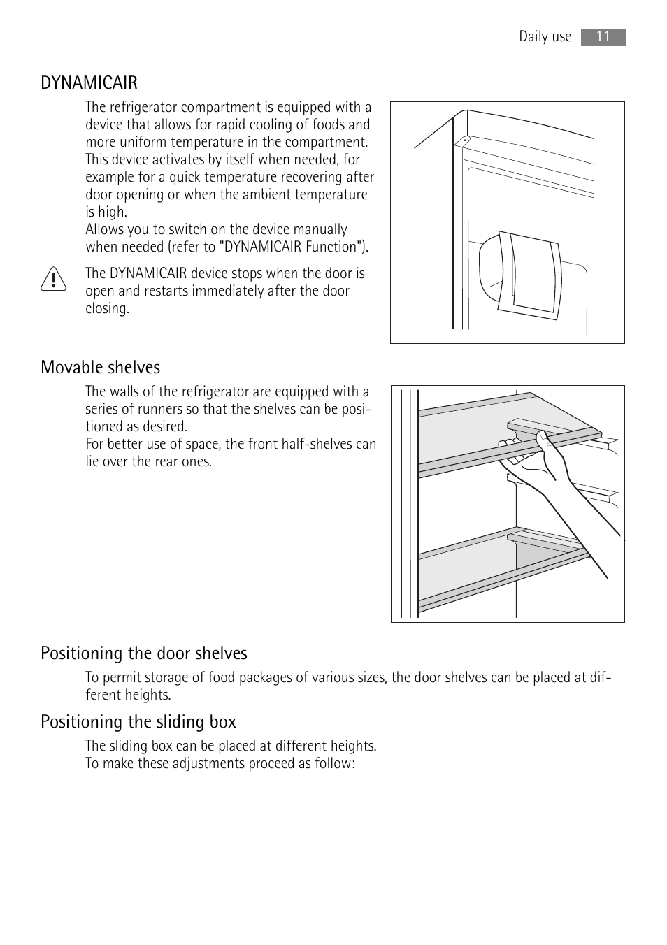 Dynamicair, Movable shelves, Positioning the door shelves | Positioning the sliding box | AEG AGS77200F0 User Manual | Page 11 / 76
