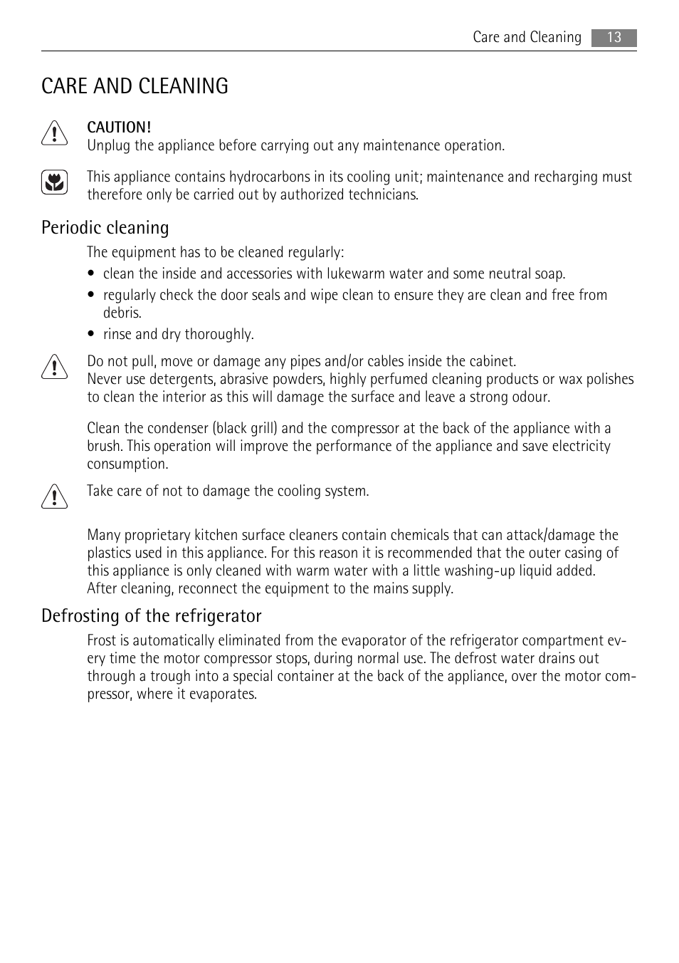 Care and cleaning, Periodic cleaning, Defrosting of the refrigerator | AEG AGS77200F0 User Manual | Page 13 / 76