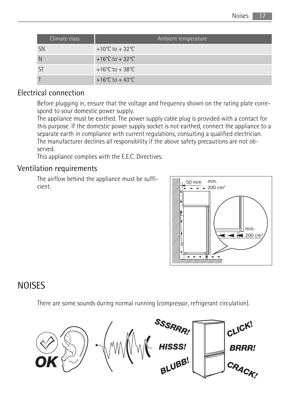 Noises, Electrical connection, Ventilation requirements | Brrr! hisss! click! blubb! crack! sssrrr | AEG AGS77200F0 User Manual | Page 17 / 76