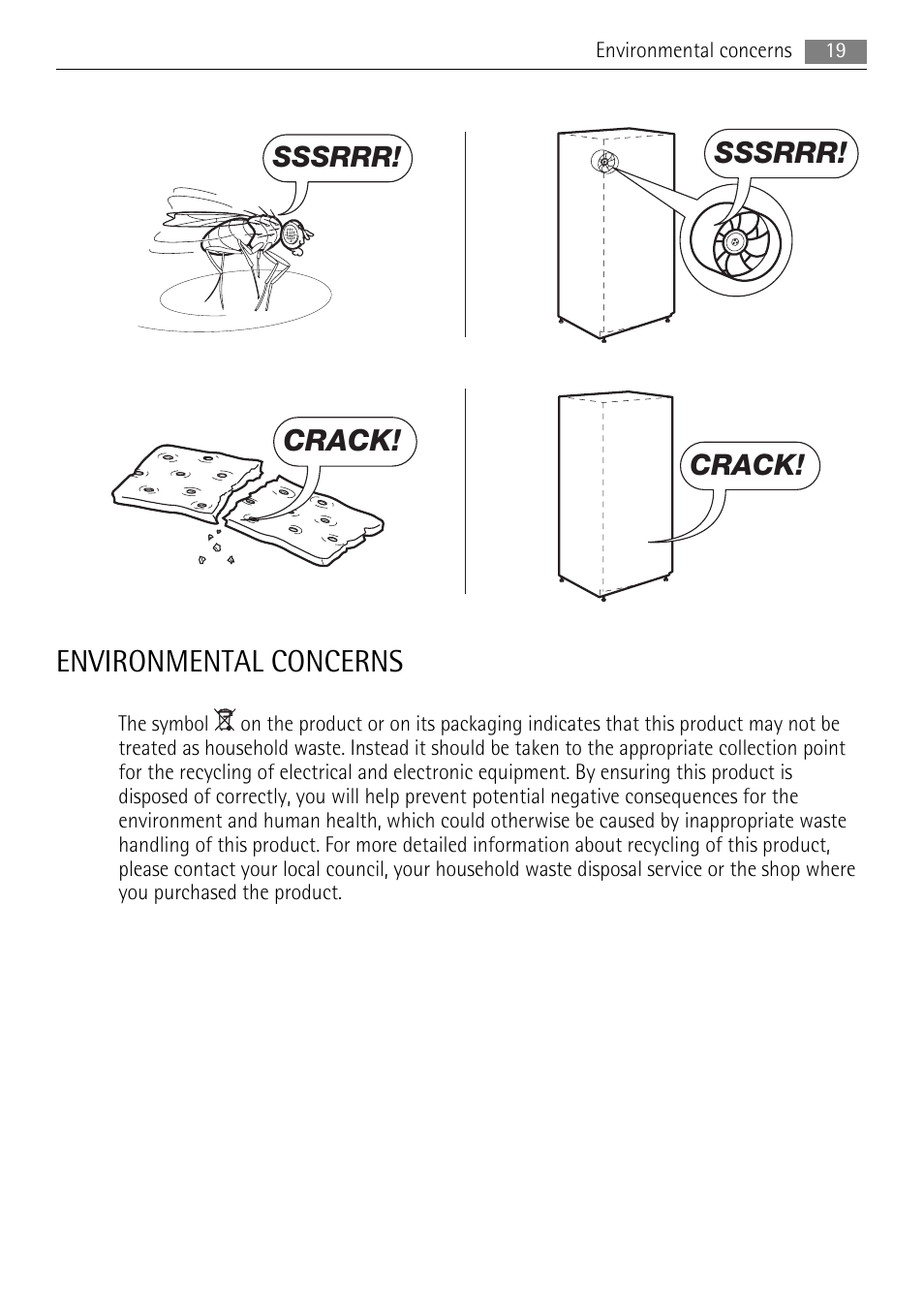 Environmental concerns, Sssrrr, Crack | AEG AGS77200F0 User Manual | Page 19 / 76