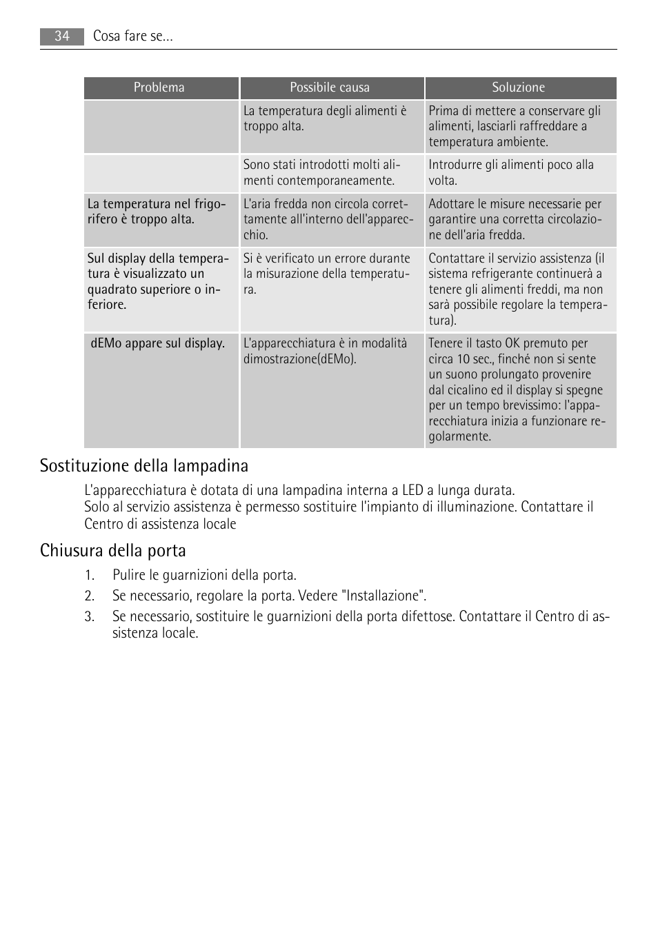 Sostituzione della lampadina, Chiusura della porta | AEG AGS77200F0 User Manual | Page 34 / 76