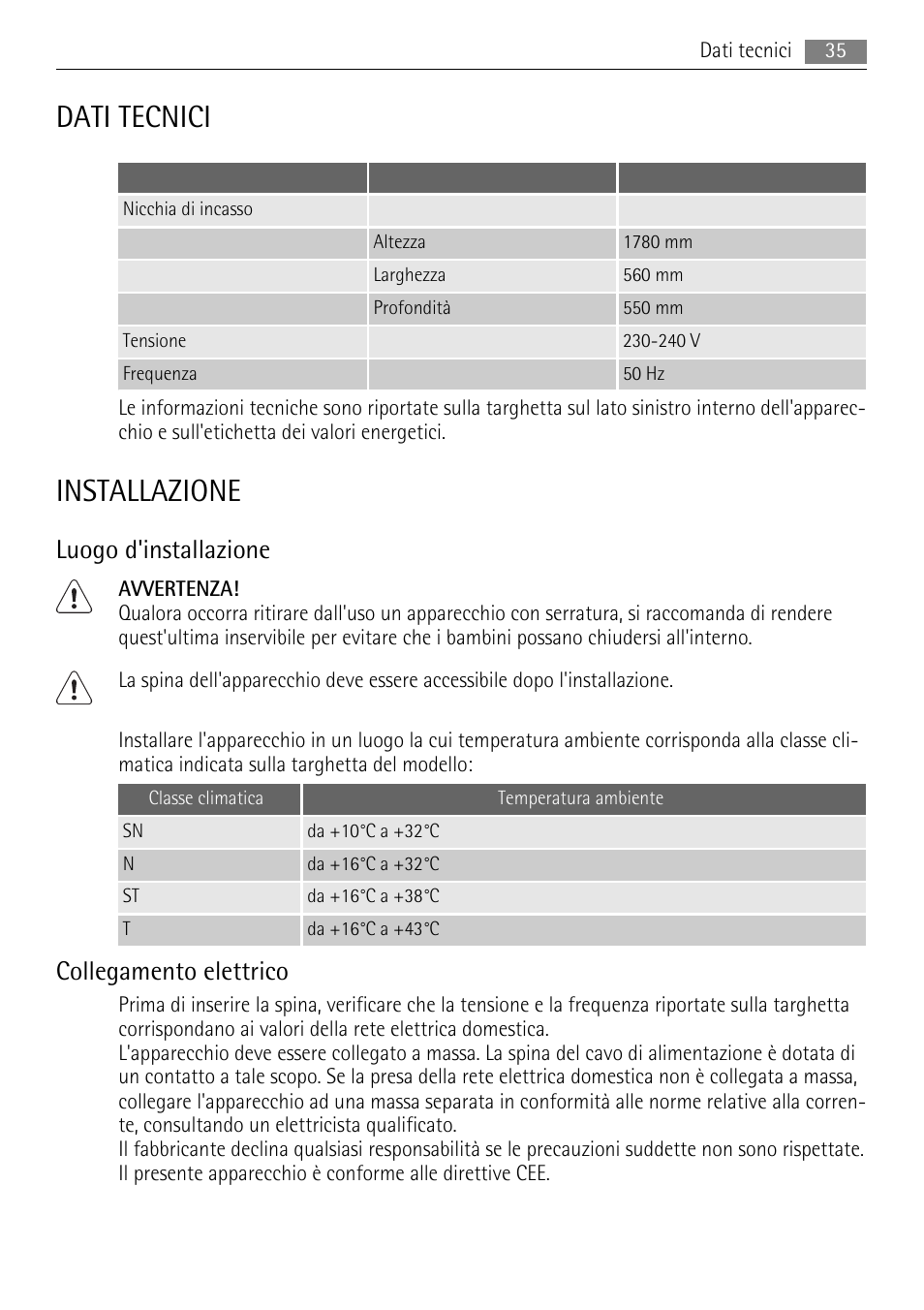 Dati tecnici, Installazione, Luogo d'installazione | Collegamento elettrico | AEG AGS77200F0 User Manual | Page 35 / 76