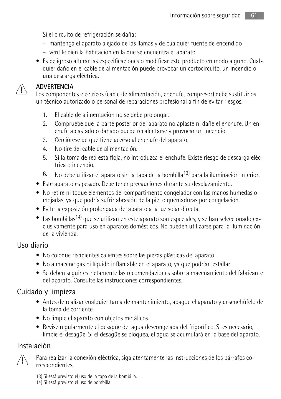 Uso diario, Cuidado y limpieza, Instalación | AEG AGS77200F0 User Manual | Page 61 / 76