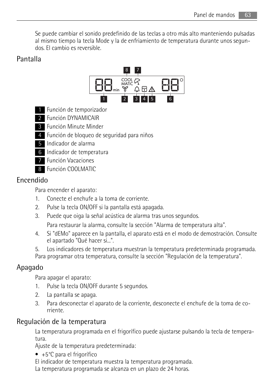 Pantalla, Encendido, Apagado | Regulación de la temperatura | AEG AGS77200F0 User Manual | Page 63 / 76