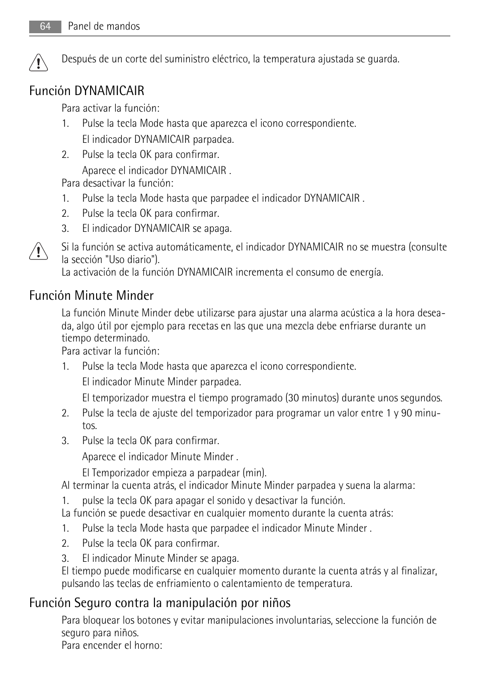Función dynamicair, Función minute minder, Función seguro contra la manipulación por niños | AEG AGS77200F0 User Manual | Page 64 / 76