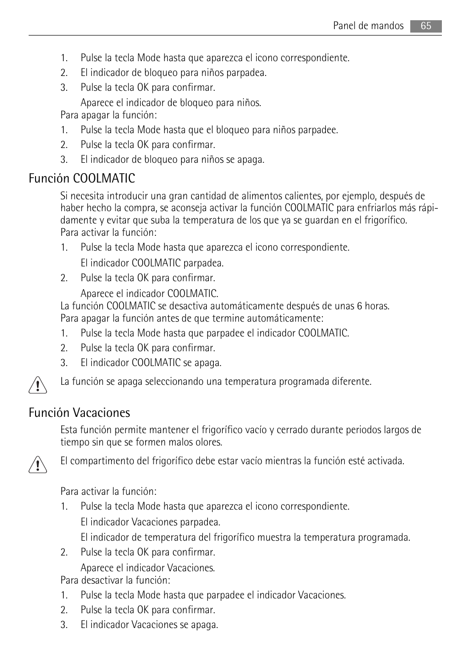 Función coolmatic, Función vacaciones | AEG AGS77200F0 User Manual | Page 65 / 76