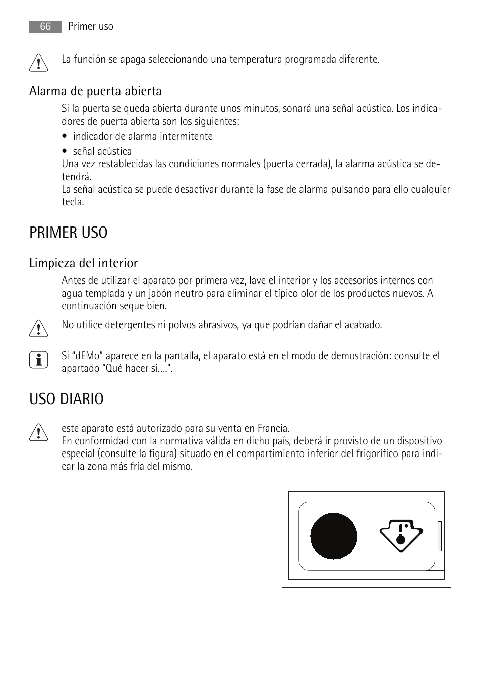 Primer uso, Uso diario, Alarma de puerta abierta | Limpieza del interior | AEG AGS77200F0 User Manual | Page 66 / 76