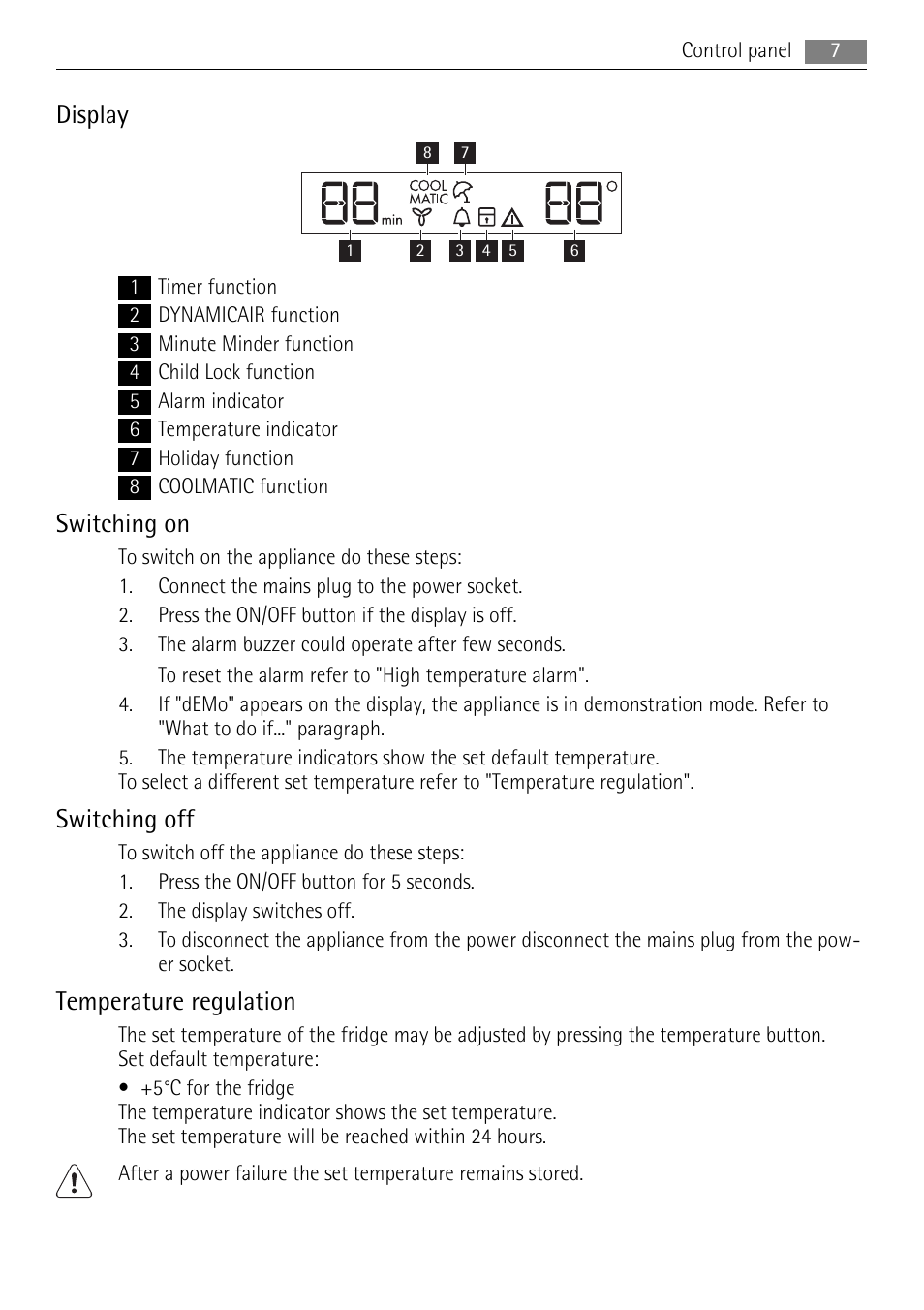 Display, Switching on, Switching off | Temperature regulation | AEG AGS77200F0 User Manual | Page 7 / 76