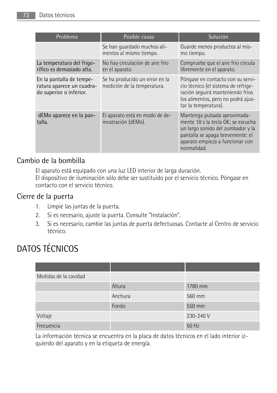 Datos técnicos, Cambio de la bombilla, Cierre de la puerta | AEG AGS77200F0 User Manual | Page 72 / 76