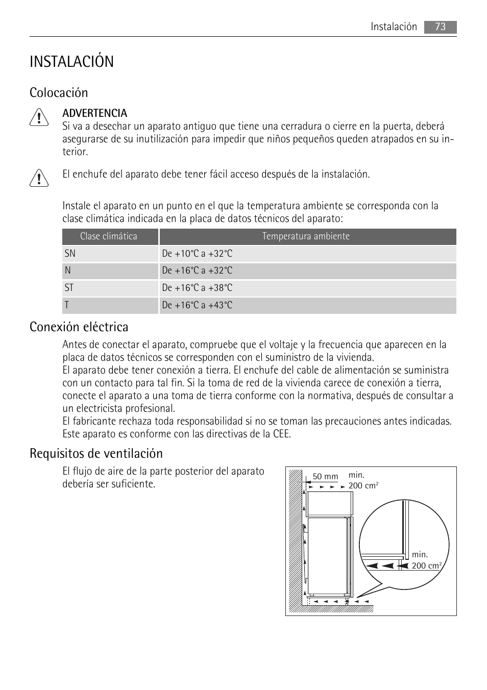 Instalación, Colocación, Conexión eléctrica | Requisitos de ventilación | AEG AGS77200F0 User Manual | Page 73 / 76