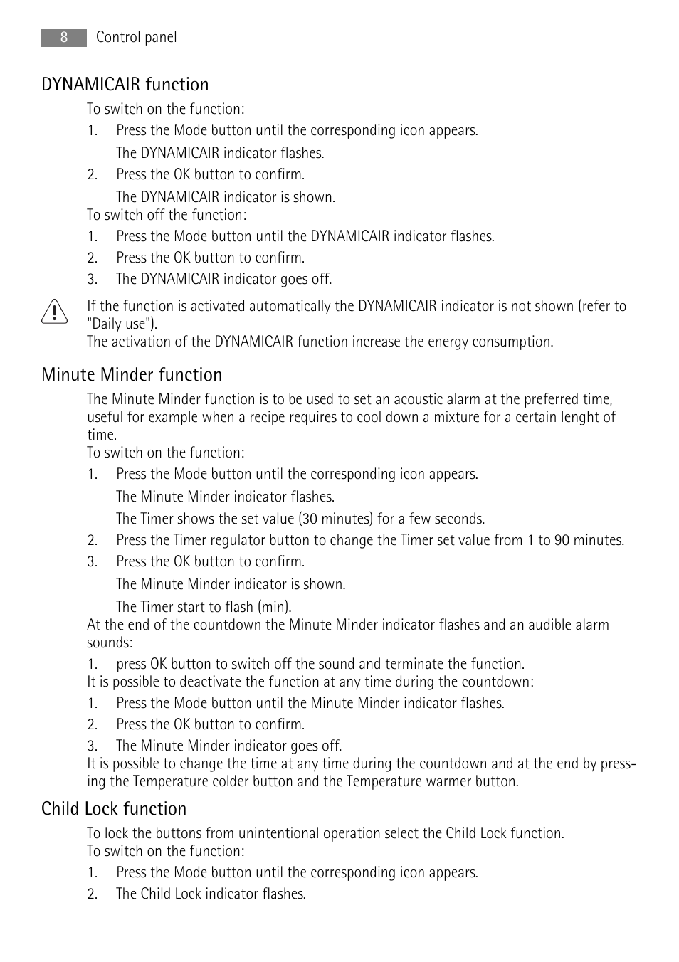 Dynamicair function, Minute minder function, Child lock function | AEG AGS77200F0 User Manual | Page 8 / 76