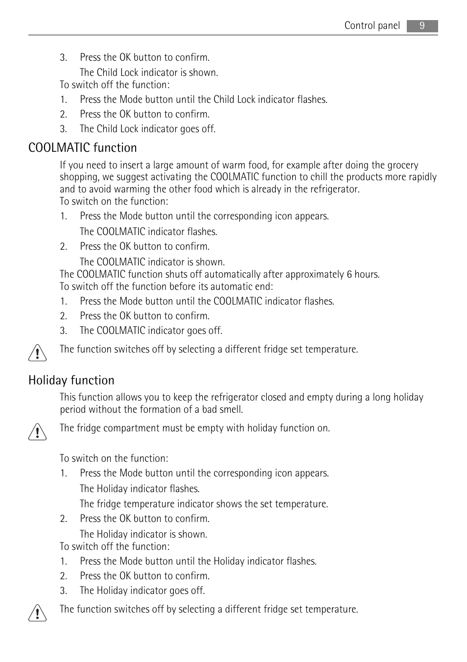 Coolmatic function, Holiday function | AEG AGS77200F0 User Manual | Page 9 / 76