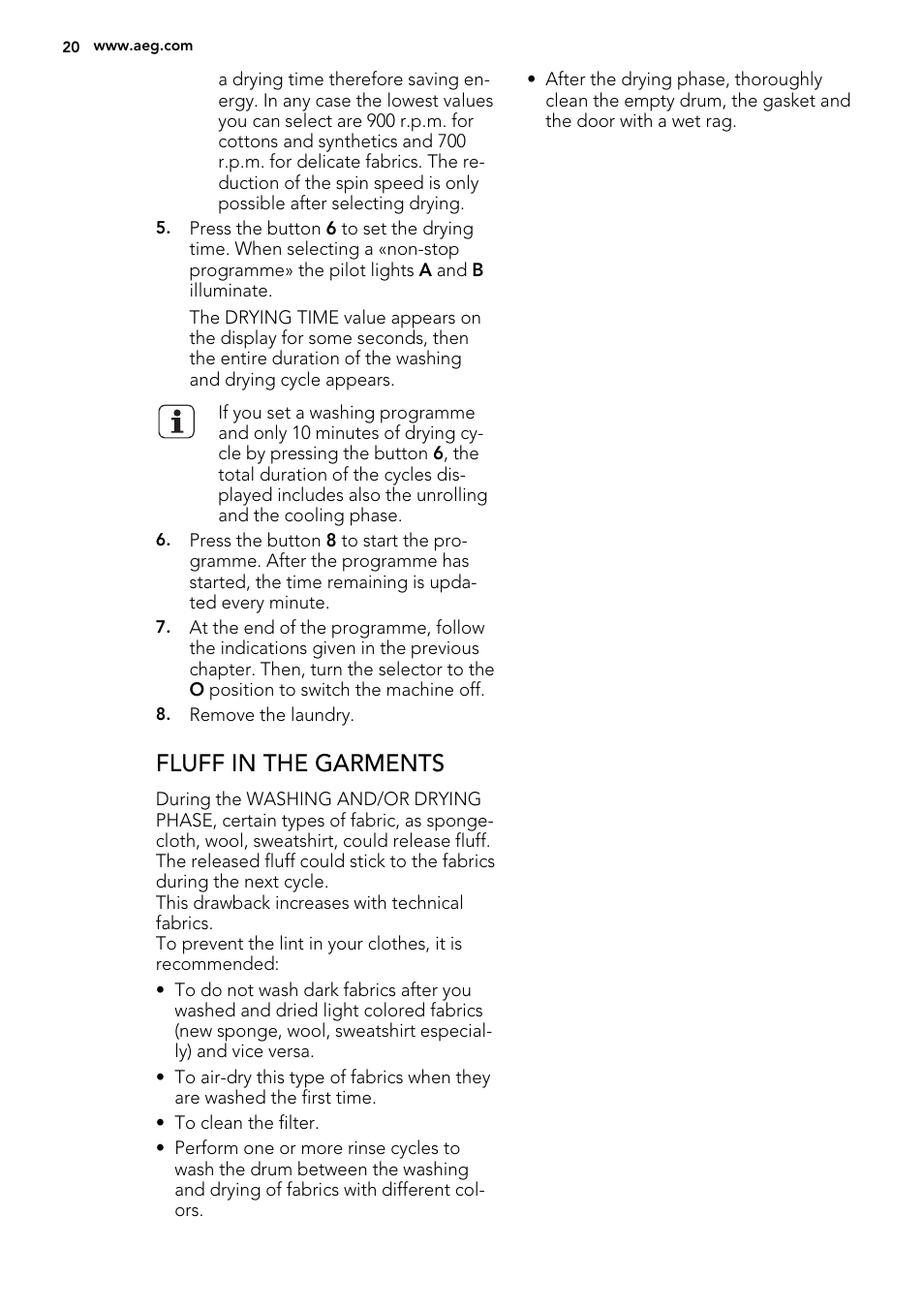 Fluff in the garments | AEG L61270WDBI User Manual | Page 20 / 80