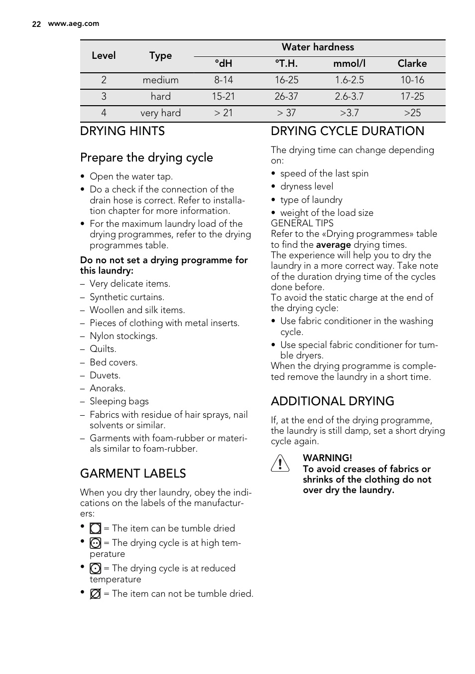Drying hints prepare the drying cycle, Garment labels, Drying cycle duration | Additional drying | AEG L61270WDBI User Manual | Page 22 / 80