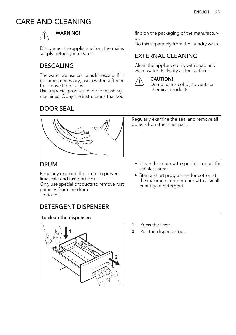 Care and cleaning, Descaling, External cleaning | Door seal, Drum, Detergent dispenser | AEG L61270WDBI User Manual | Page 23 / 80