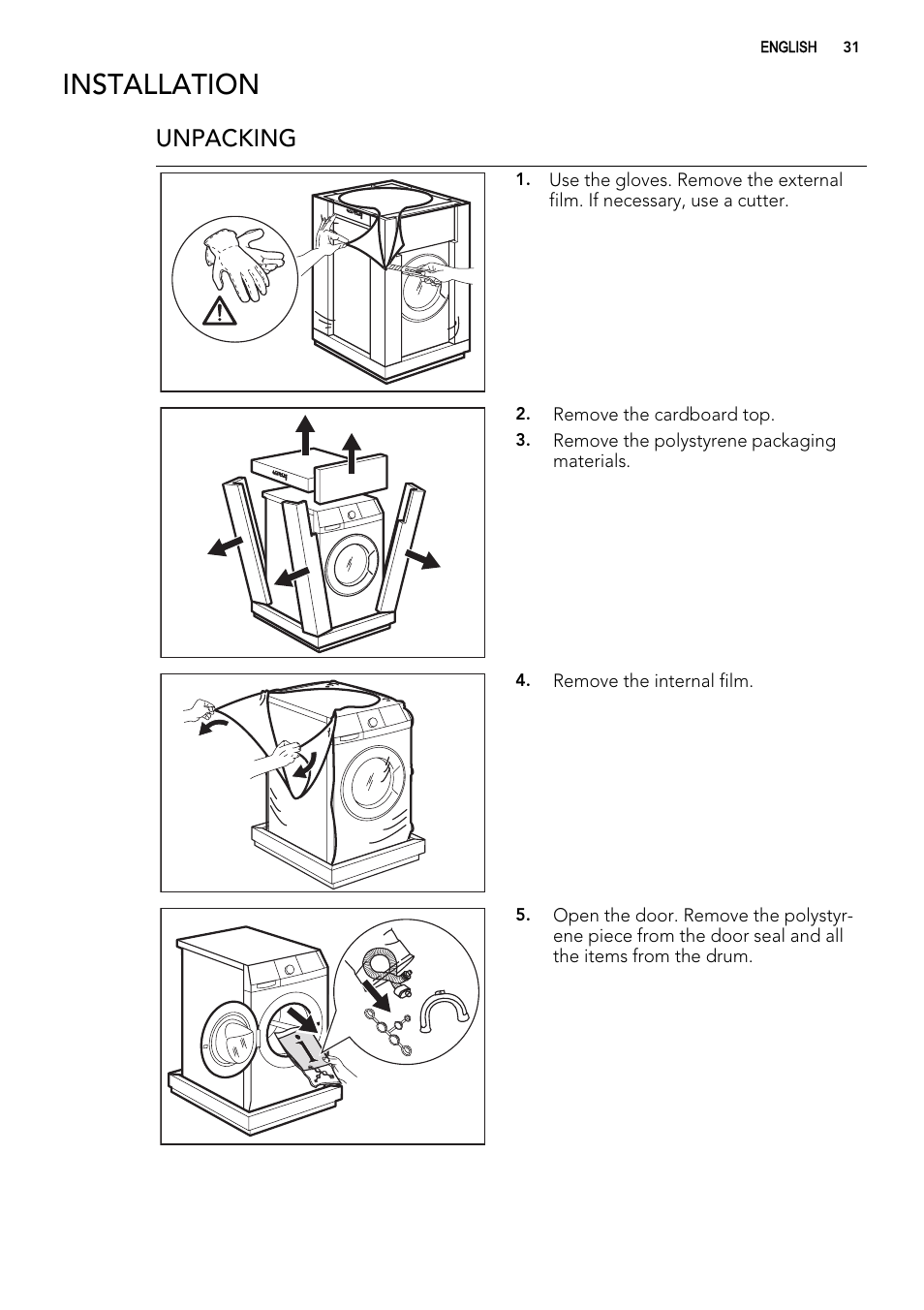 Installation, Unpacking | AEG L61270WDBI User Manual | Page 31 / 80